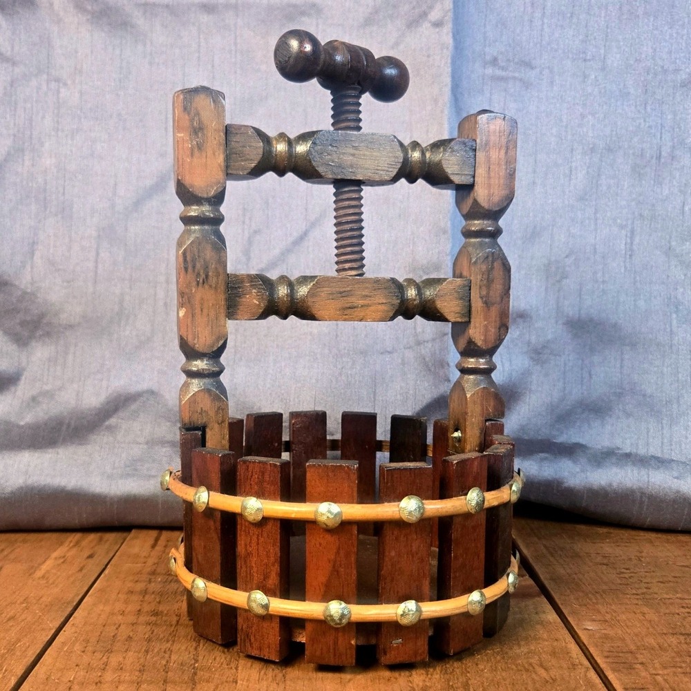 Vintage Wooden Wishing Well Nutcracker Bowl Hand Crank Screw Press Rustic MCM